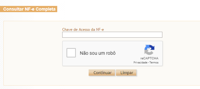 Tela de consulta completa de NF-e, com o campo da chave de acesso e a verificação de que não é um robô