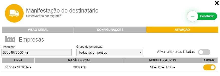 Aba Ativação da extensão, listando a empresa com CNPJ, razão social e os módulos ativos NF-e, CT-e e MDF-e