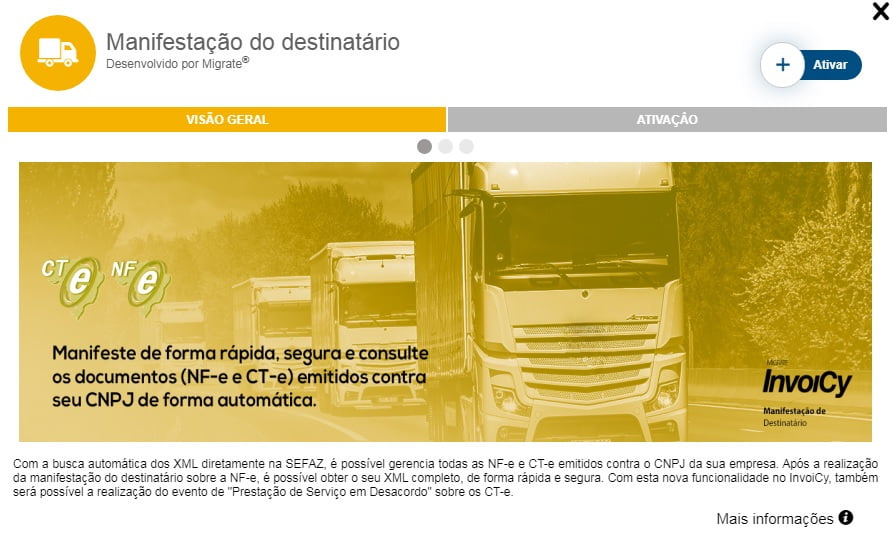 Cartão da extensão Manifestação do Destinatário no InvoiCy, com a aba Visão geral aberta e a descrição da busca automática de NF-e e CT-e