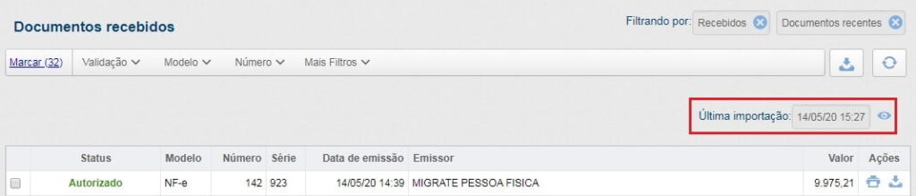 Documentos recebidos com a data e a hora da última importação em destaque
