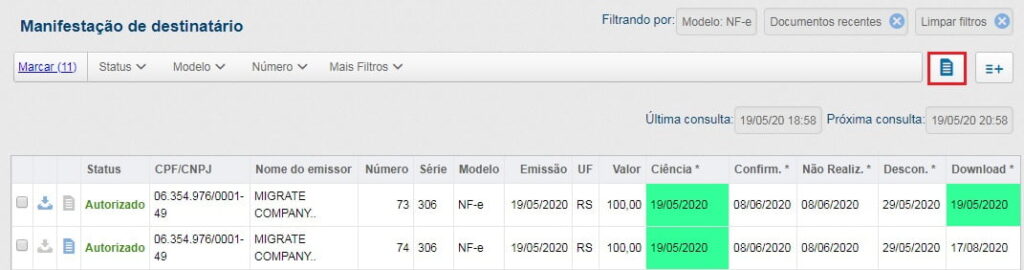 Lista de manifestação com o botão de geração de relatório destacado