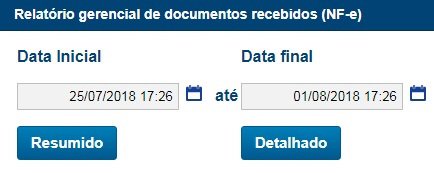 Formulário do relatório gerencial de documentos recebidos de NF-e, com data inicial, data final e as opções Resumido e Detalhado