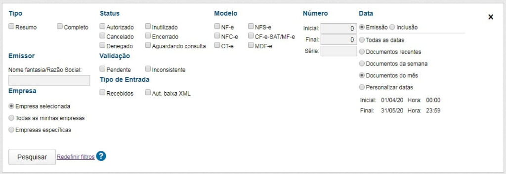 Painel de filtros dos documentos recebidos, com tipo, status, modelo, número, emissor, validação e período
