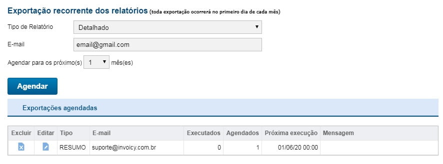 Tela de exportação recorrente de relatórios, com tipo, e-mail, agendamento e a tabela de exportações já agendadas