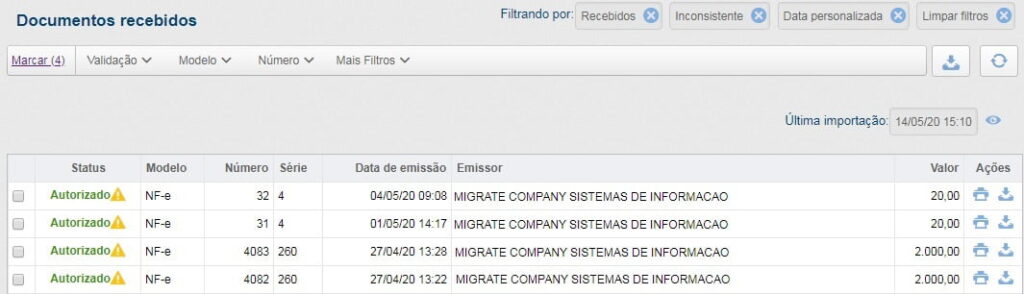 Documentos recebidos filtrados por inconsistência, com quatro NF-e autorizadas e sinal de alerta