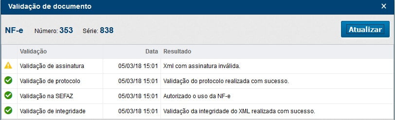 Janela de validação de uma NF-e, com assinatura, protocolo, SEFAZ e integridade, apontando XML com assinatura inválida