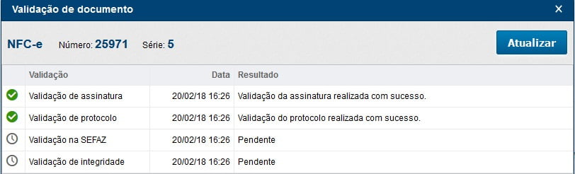 Janela de validação de uma NFC-e, com assinatura e protocolo validados e SEFAZ e integridade pendentes
