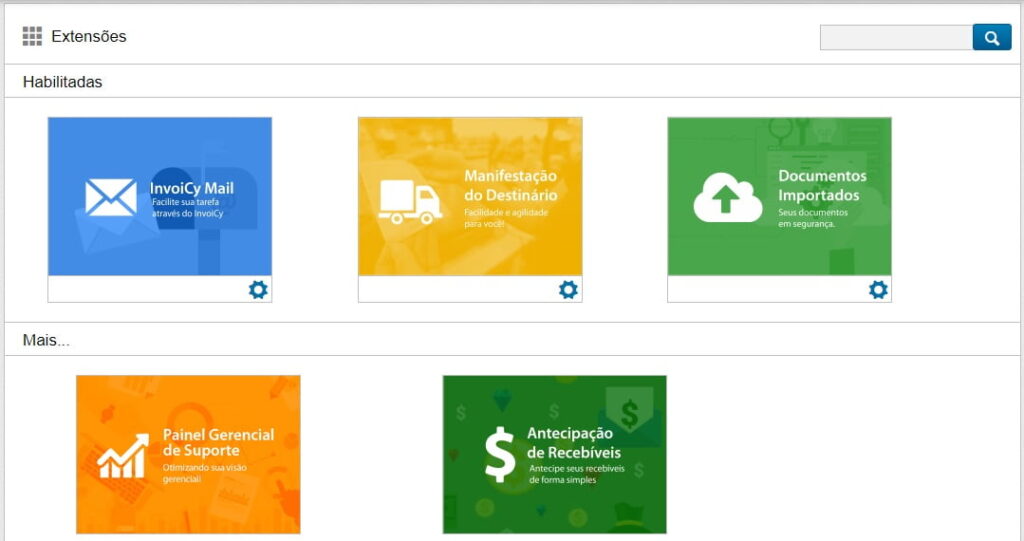 Painel de Extensões do InvoiCy com InvoiCy Mail, Manifestação do Destinatário e Documentos Importados habilitados, e Painel Gerencial de Suporte e Antecipação de Recebíveis disponíveis