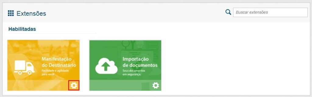 Painel de Extensões do InvoiCy com os cartões Manifestação de Destinatário e Importação de Documentos habilitados