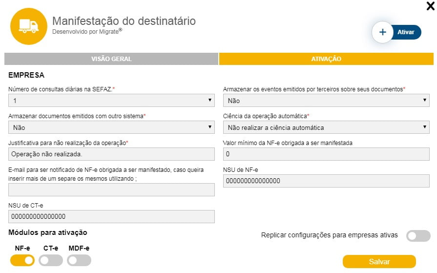 Tela de ativação da extensão, com os campos de consultas diárias na SEFAZ, armazenamento de documentos, ciência automática e os módulos NF-e, CT-e e MDF-e