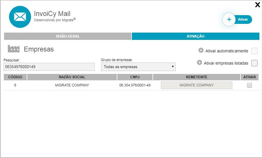 Aba Ativação da extensão InvoiCy Mail, com a empresa listada e as opções de ativação automática