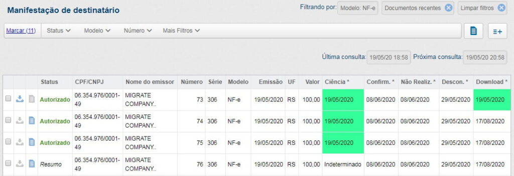 Lista de manifestação filtrada por NF-e, mostrando documentos autorizados e um em resumo