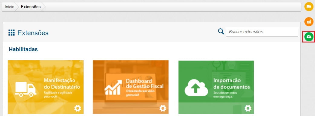 Painel de Extensões do InvoiCy com os cartões Manifestação do Destinatário, Dashboard de Gestão Fiscal e Importação de Documentos habilitados