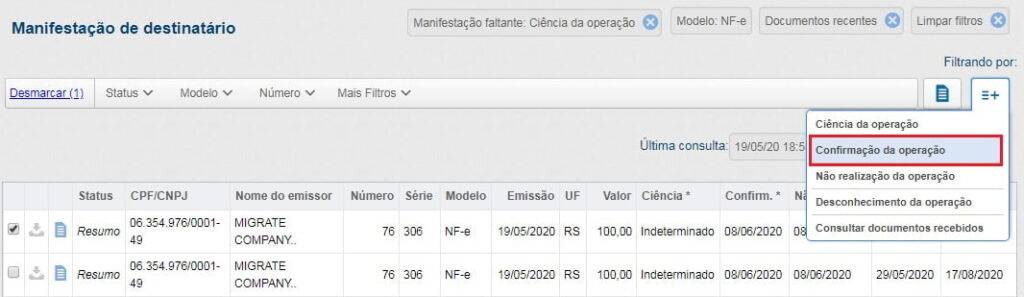 Menu de ações da manifestação aberto, com as opções ciência da operação, confirmação, não realização, desconhecimento e consulta de documentos recebidos
