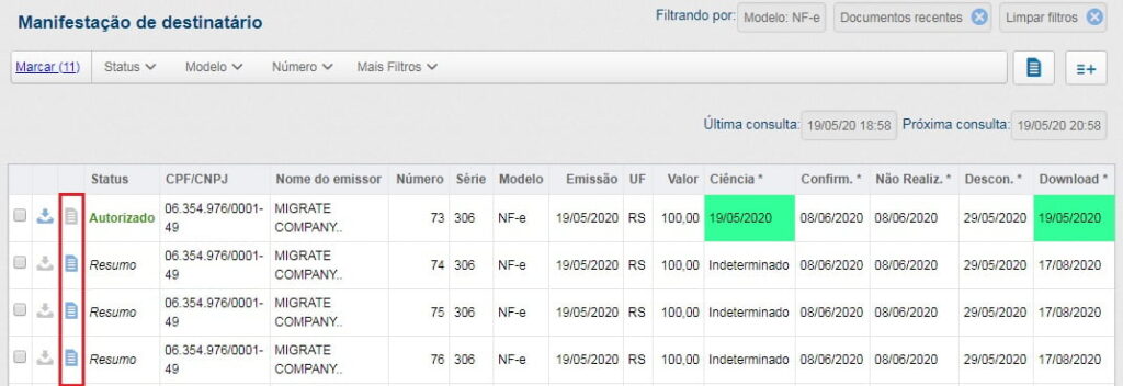 Lista de manifestação do destinatário com a coluna de ações destacada à esquerda