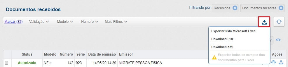 Tela de documentos recebidos com o menu de exportação aberto, oferecendo lista em Excel, download de PDF e download de XML