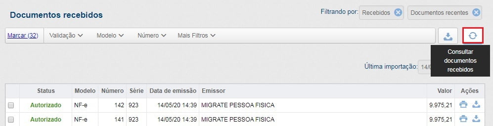 Documentos recebidos com o botão de consultar documentos recebidos em destaque