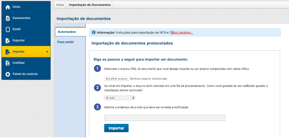 Tela de importação de documentos do InvoiCy, com o passo a passo para importar NFS-e protocoladas