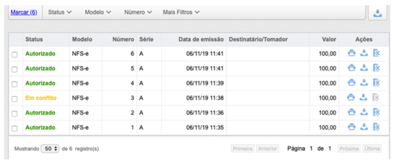 Lista de NFS-e emitidas no InvoiCy, com status autorizado e em conflito, número, série, data de emissão e valor