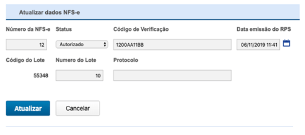 Formulário de atualização de dados da NFS-e, com número, status, código de verificação, data de emissão do RPS, lote e protocolo
