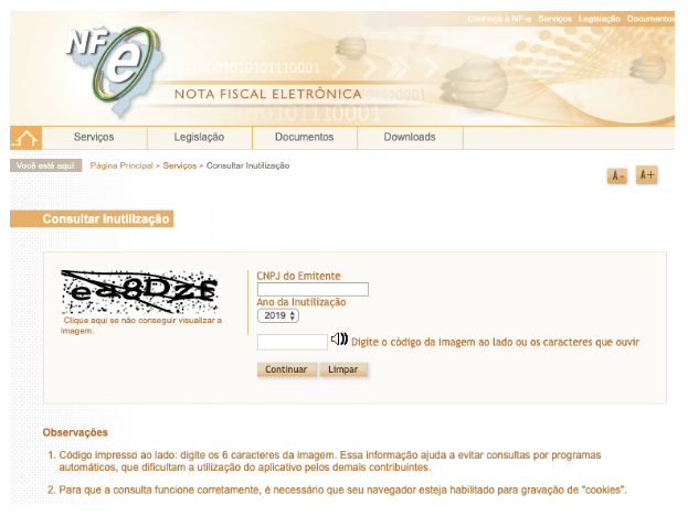 Portal da Nota Fiscal Eletrônica com o formulário de consulta e o campo de código de verificação por imagem
