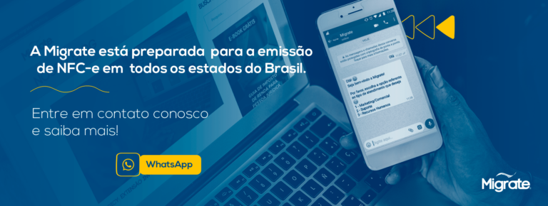 Banner da Migrate sobre emissão de NFC-e em todos os estados do Brasil, com botão de contato por WhatsApp