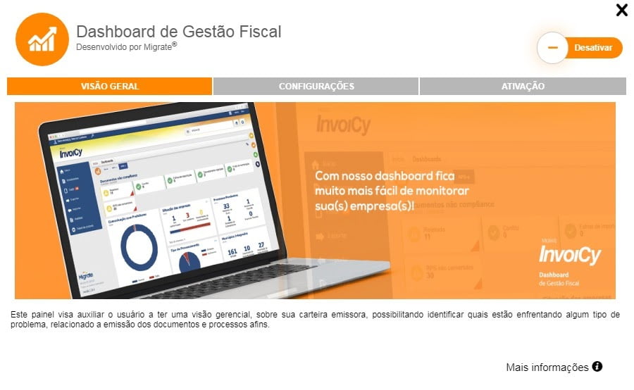 Cartão da extensão Dashboard de Gestão Fiscal com a aba Visão geral aberta e a descrição do monitoramento da carteira emissora