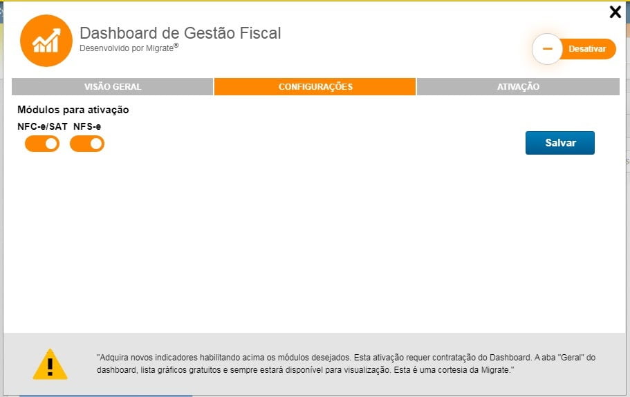 Aba Configurações da extensão, com os módulos NFC-e/SAT e NFS-e ativados e o aviso sobre a contratação do dashboard