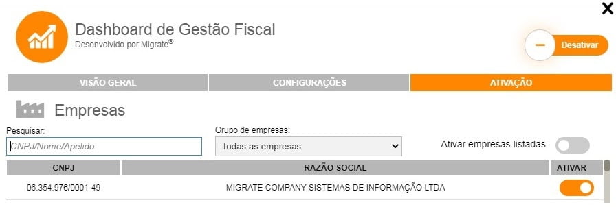 Aba Ativação da extensão Dashboard de Gestão Fiscal, com a empresa listada e a chave de ativação ligada