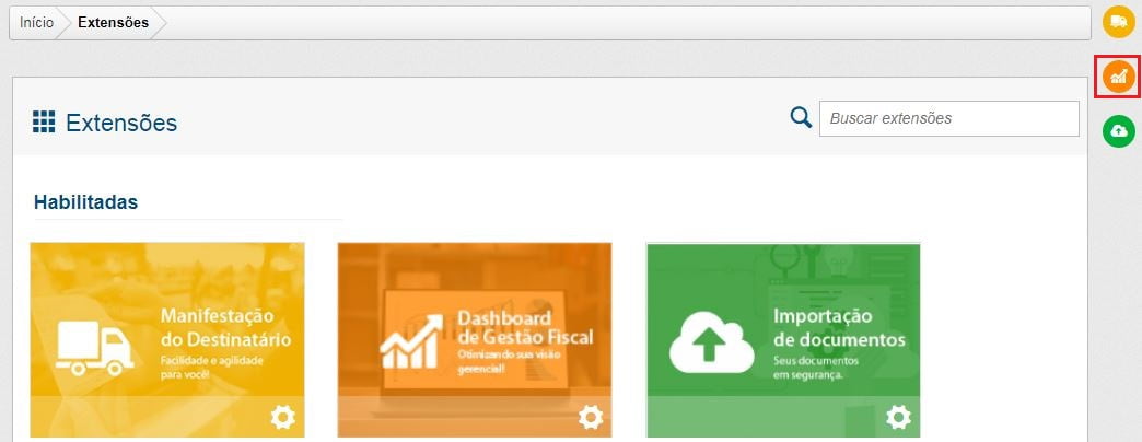 Painel de extensões habilitadas com Manifestação do Destinatário, Dashboard de Gestão Fiscal e Importação de Documentos