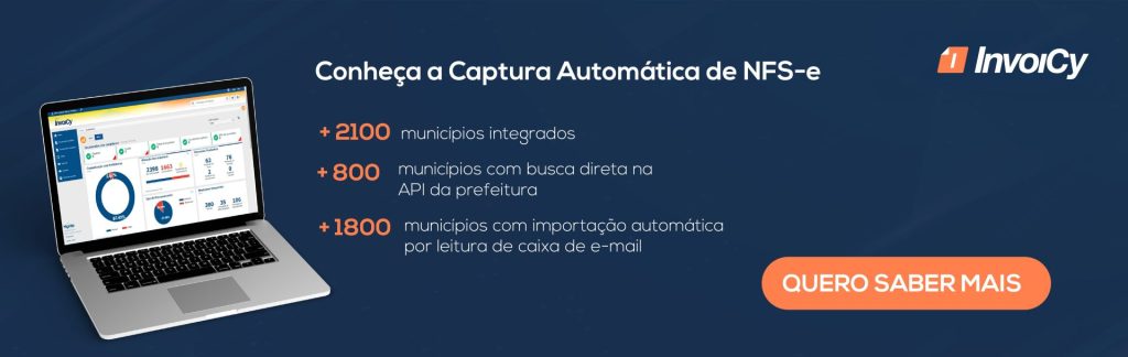Banner da captura automática de NFS-e do InvoiCy, com os números de municípios integrados e com importação automática