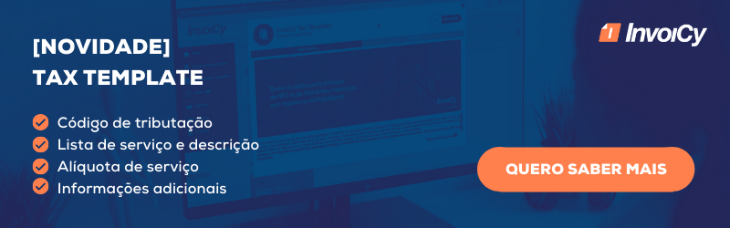 Banner do Tax Template do InvoiCy, com código de tributação, lista e descrição de serviço, alíquota e informações adicionais