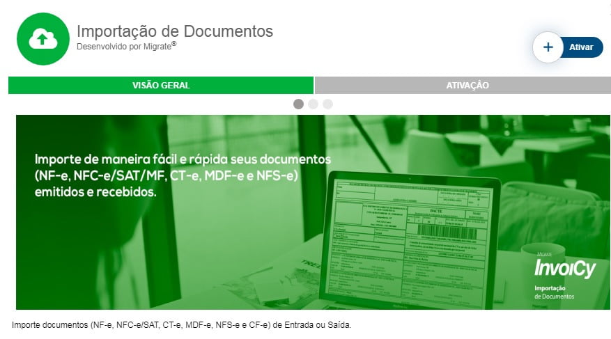 Cartão da extensão Importação de Documentos do InvoiCy, com a descrição da importação de NF-e, NFC-e/SAT, CT-e, MDF-e e NFS-e