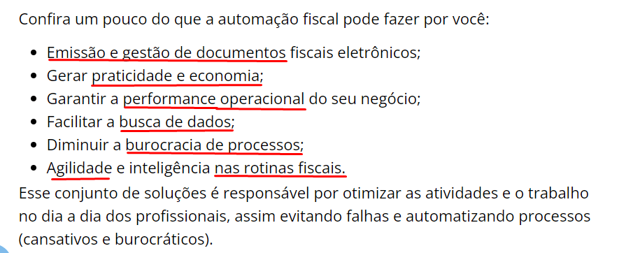 Lista dos benefícios da automação fiscal, com emissão e gestão de documentos, praticidade, performance, busca de dados e redução de burocracia