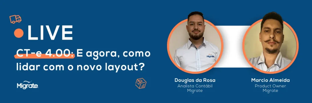 Banner da live sobre o novo layout do CT-e 4.00, com os participantes