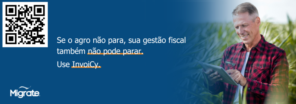Banner com produtor rural usando celular no campo e a mensagem de que a gestão fiscal do agro não pode parar