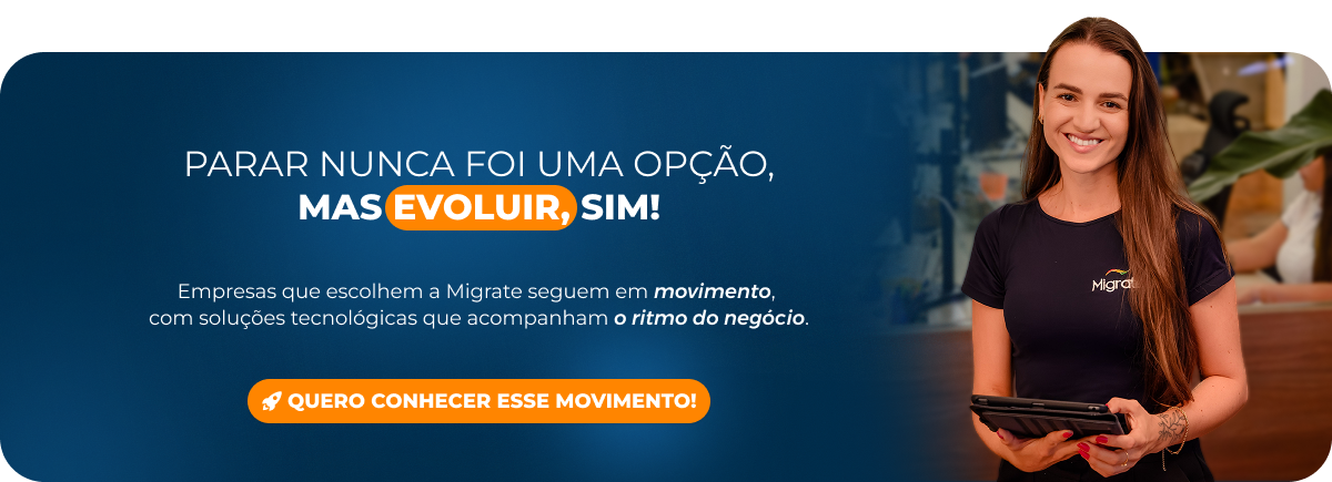Banner com a mensagem de que parar nunca foi opção, mas evoluir sim, sobre soluções tecnológicas no ritmo do negócio