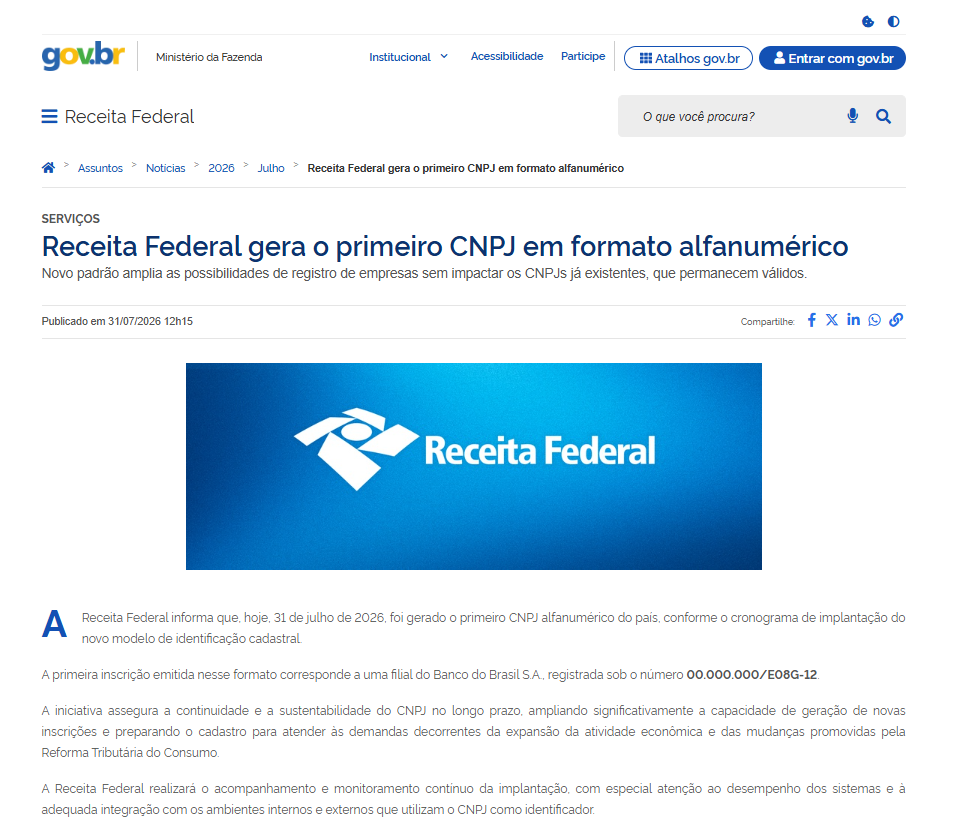 Notícia da Receita Federal: primeiro CNPJ em formato alfanumérico gerado em 31/07/2026